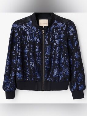 Rebecca Taylor Silk Sequin Bomber Jacket Black Blue Size L